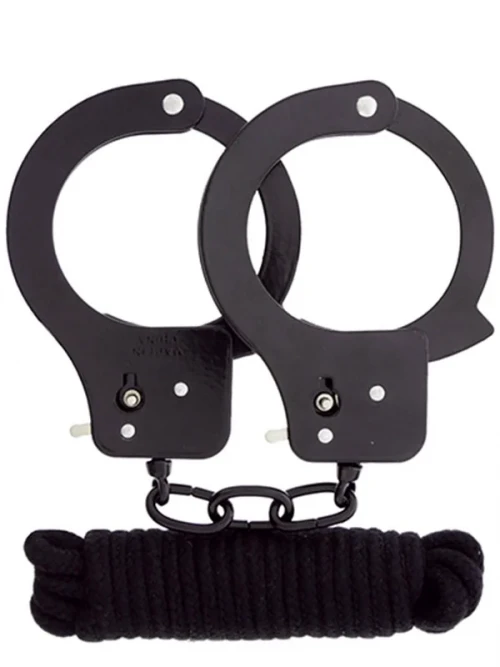 Metal Kelepçe ve Bondage İp Esaret Seti Siyah