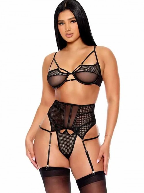 File Tül Detaylı Siyah Jartiyer Takım