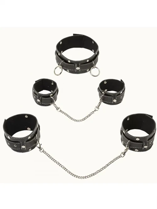 Deri El Ayak Kelepçesi ve Boyun Tasması Seti 5’li 5